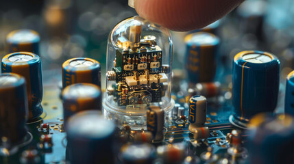 Poster - a circuit board with capacitors and a finger pointing at something