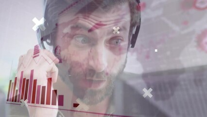 Wall Mural - Animation of data processing over caucasian businessman using phone headset