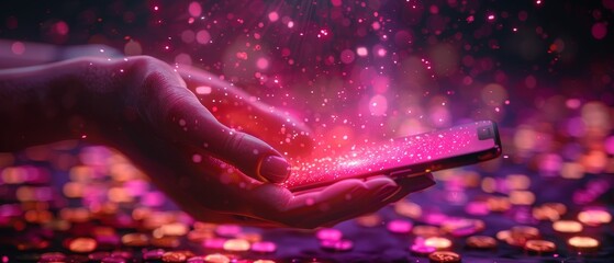 Poster - Three-dimensional rendering of a cartoon hand holding a phone and coins falling in purple sand. Concept of financial mobile banking and cashback.