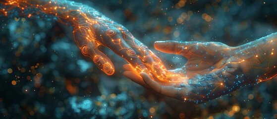 Poster - Using artificial intelligence and machine learning, human hands touching on big data network connections, science and artificial intelligence technology, innovation.