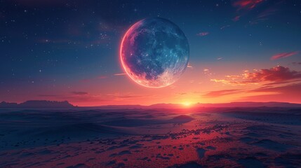Poster - Crescent Moon and Star on Dusk Sky with Beautiful Twilight, Evening Sky background with Free Space for Writing Arabic Text, Ramadan, Eid al-Adha, Eid al-Fitr, Mubarak