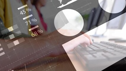 Poster - Animation of data processing over caucasian businessman using computer and phone headset
