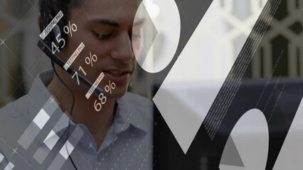 Poster - Animation of data processing over caucasian businessman using phone headset