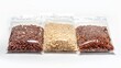 Red Jasmine Rice, Jasmine Brown Rice and Riceberry in Plastic Clear Bag Isolated on White Background,