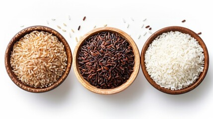 Various type and color of rice ; riceberry, brown coarse rice and white thai jasmine rice in wooden bowl isolated on white background. Healthy food concept. Flat lay.