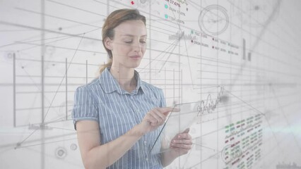 Poster - Animation of statistics and data processing over caucasian businesswoman using tablet
