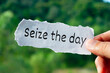 Seize the day text on torn paper with hand holding on nature background