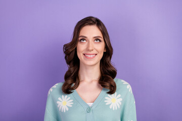 Wall Mural - Portrait of young adorable brunette chic looking above head interested billboard informational poster isolated on violet color background