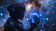 A sci-fi scene with a humanoid robot in dark armor delicately holding a bright, glowing replica of Earth amidst a sparkly, cosmic background