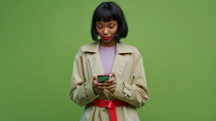 Wall Mural - A focused woman is intently looking at her smartphone, standing against a vivid green background, dressed in a casual trench coat.