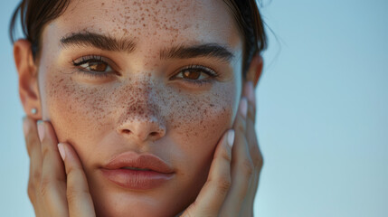 Wall Mural - close-up portrait of a young woman with freckles on her face, touching her cheeks with her hands.