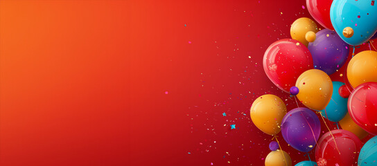 Poster - Colorful and glossy balloons arranged against a vibrant red background, providing ample space for additional design elements. Perfect for projects celebrations, this image exudes joy and festivity