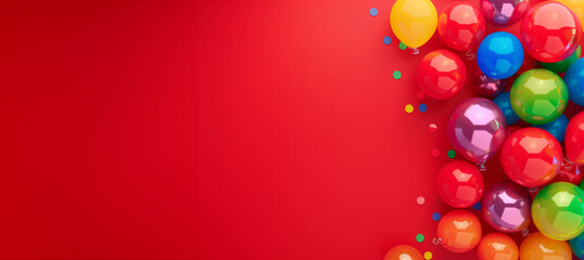 Wall Mural - Colorful and glossy balloons arranged against a vibrant red background, providing ample space for additional design elements. Perfect for projects celebrations, this image exudes joy and festivity