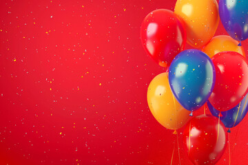 Poster - Colorful and glossy balloons arranged against a vibrant red background, providing ample space for additional design elements. Perfect for projects celebrations, this image exudes joy and festivity