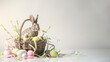 An Easter basket with a bunny with colorful easter eggs on white background, 