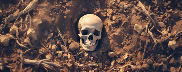 Unearthed human skull from the ground at a crime scene. Concept of investigation and murder.