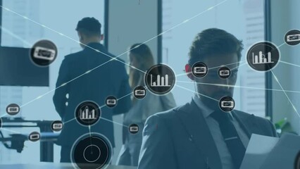 Poster - Animation of network of media icons over caucasian colleagues in office