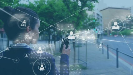 Poster - Animation of network of people icons over biracial businesswoman using smartphone in street