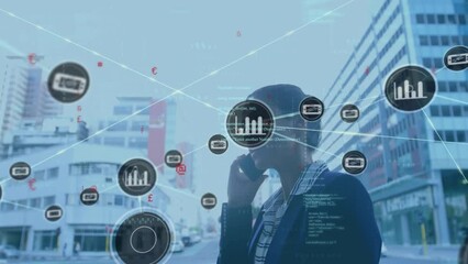 Poster - Animation of network of data icons over biracial businesswoman talking on smartphone in street
