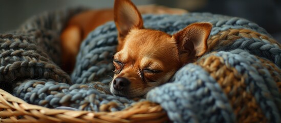 Poster - A small brown dog, possibly a redhead Chihuahua, is peacefully laying on top of a soft blue blanket. The dog appears to be comfortable and relaxed, enjoying a moment of rest.