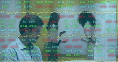 Poster - Animation of financial data processing over diverse colleagues discussing at office