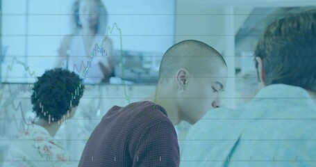Poster - Animation of charts processing data over diverse creatives having business video call