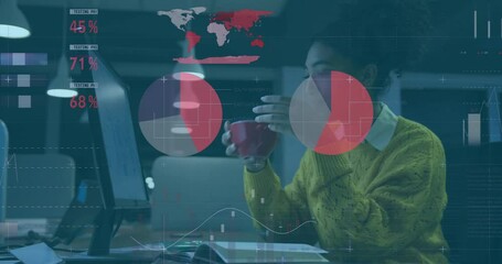 Poster - Animation of charts processing data over biracial businesswoman working late at office