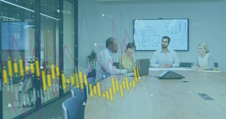 Wall Mural - Animation of charts processing data over diverse colleagues having meeting