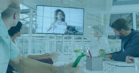 Poster - Animation of charts processing data over diverse colleagues having business video call