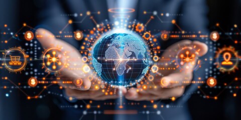 Leinwandbilder - Hands hold a digital Iot World Map with a holografic overlay, Generative AI