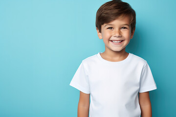 Canvas Print - laughing child in blank t-shirt on an isolated blue solid background perfect photo for advertising, with empty copy space