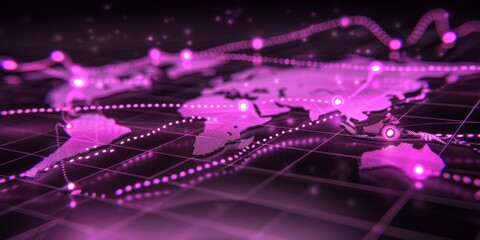 Leinwandbilder - Purple digital World Map background with lots spots, Generative AI