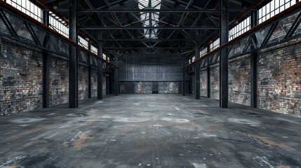  industrial loft-style empty warehouse interior, featuring rugged brick walls