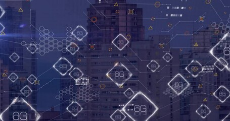 Poster - Animation of 6g icons, networks and data processing over city at night