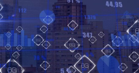 Poster - Animation of 6g icons and charts processing data over city at night