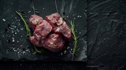 Artistic close-up of raw beef cuts bound with twine, seasoned with rosemary on a dark, textured background