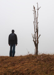 Wall Mural - Young man in jacket and trousers with bacpack standing on hill with dead tree in morning fog. Czech landscape, travel, relax concept