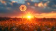 beautiful summer and spring nature background, dandelion seed ball against sunlight flare at evening time, Generative Ai