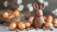 Easter chocolate homemade bunny with copper painted  and decorated eggs