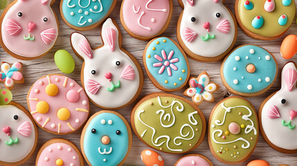 Wall Mural - colorful easter ginger cookies in shapes of bunny and eggs