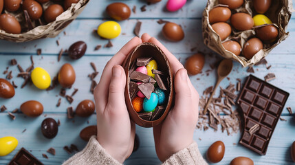 hands holding chocolate easter eggs filled with candy