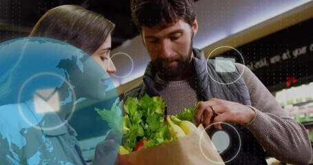 Poster - Animation of data processing with icons over caucasian couple grocery shopping