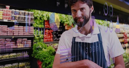 Poster - Animation of data processing over caucasian man grocery shopping