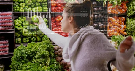 Poster - Animation of data processing over caucasian woman grocery shopping