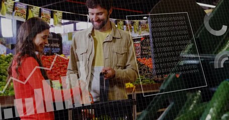 Poster - Animation of data processing over caucasian couple grocery shopping