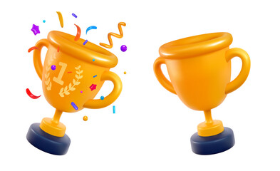 champion cups set 3d cartoon design elements. win prize, first place sport competition isolated icon