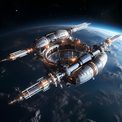 A futuristic space station in orbit.