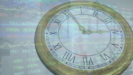 Poster - Animation of moving clock over financial data processing on white background