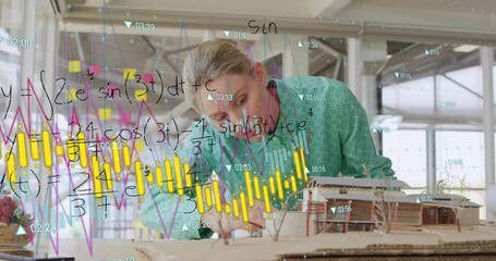 Aufkleber - Animation of mathematical equations and financial data processing over caucasian female architect