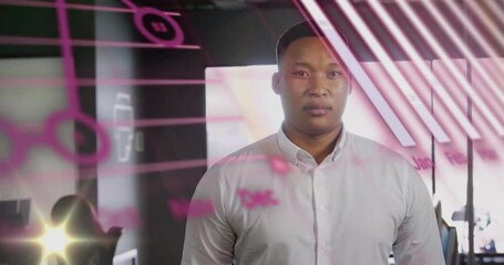 Poster - Animation of financial data processing with globe over biracial businessman